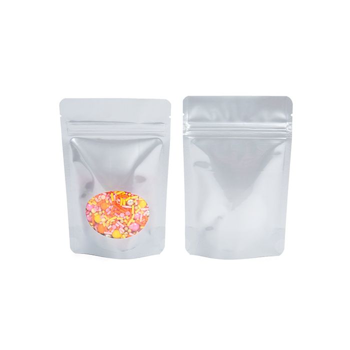 Buste doypack color argento con finestra ovale 10x6x15cm | 57 grammi (100 pezzi) [ZBGO2S]