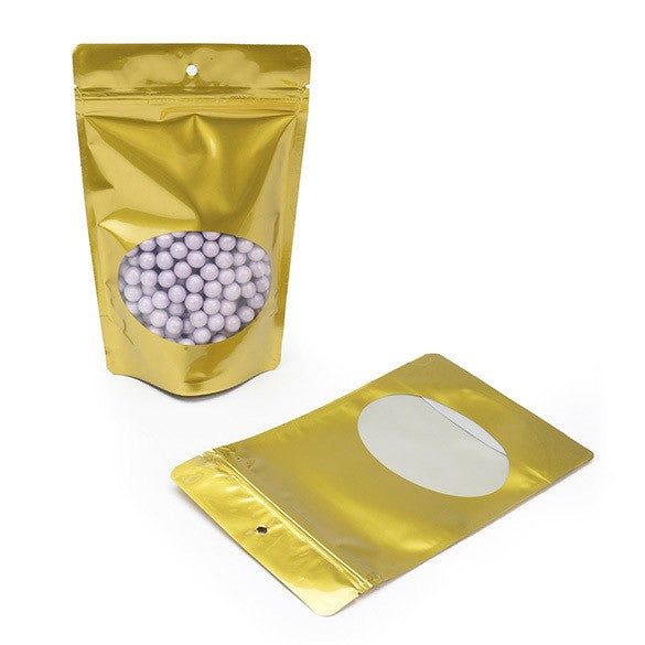 Buste doypack color oro con finestra ovale 13x7x20.5cm | 113 grammi (100 pezzi) [ZBGO3G]