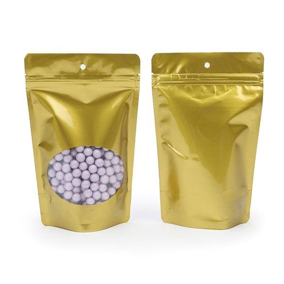 Buste doypack color oro con finestra ovale 13x7x20.5cm | 113 grammi con foro (100 pezzi) [ZBGO3GH]