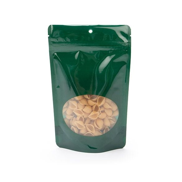 Buste doypack verdi con finestra ovale 13x7x20.5cm con foro | 113 grammi (100 pezzi) [ZBGO3HGH]