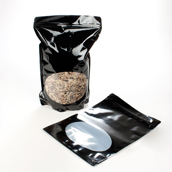 Buste doypack nere con finestra ovale 23x12x34.5cm | 907 grammi (100 pezzi) [ZBGO6B]