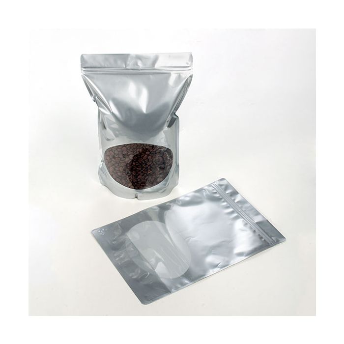 Buste doypack color argento con finestra ovale 23x12x34.5cm | 907 grammi (100 pezzi) [ZBGO6S]