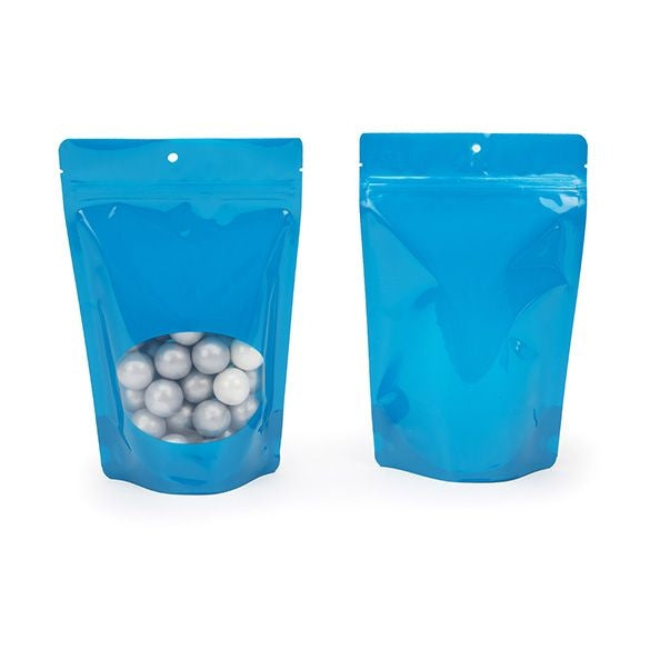 Buste doypack Blu con finestra ovale 14.9x8.9x23.2cm | 312 grammi con foro rotondo per appendere (100 pezzi) [ZBGO7BLH]