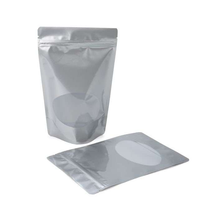Buste doypack argento con Oval finestra and Foro di sospensione 14,9x8,9x23,2 cm (100 pz) [ZBGO7SH]