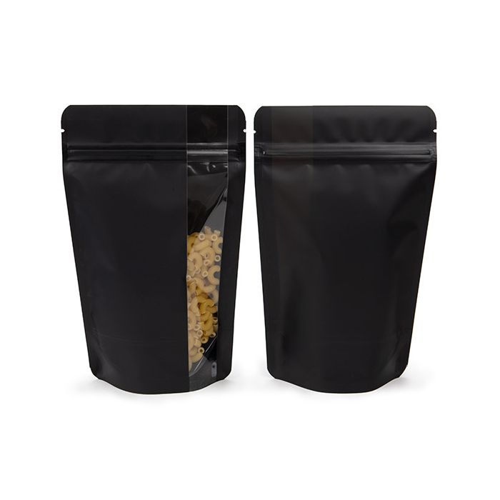 Buste doypack opaco nero con verticale finestra 13x7,9x20,6 cm (100 pz) [ZBGV3MB]