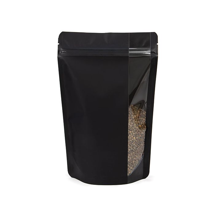 Buste doypack opaco nero con verticale finestra 14,9x8,9x23,2 cm (100 pz) [ZBGV7MB]