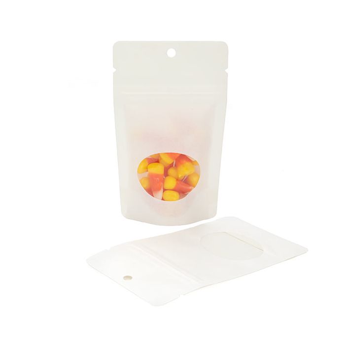 Buste doypack Kraft Bianco con finestra ovale 8 x 5 x 13 cm con finestra ovale + foro (100 pezzi) [ZBGO1WKH]