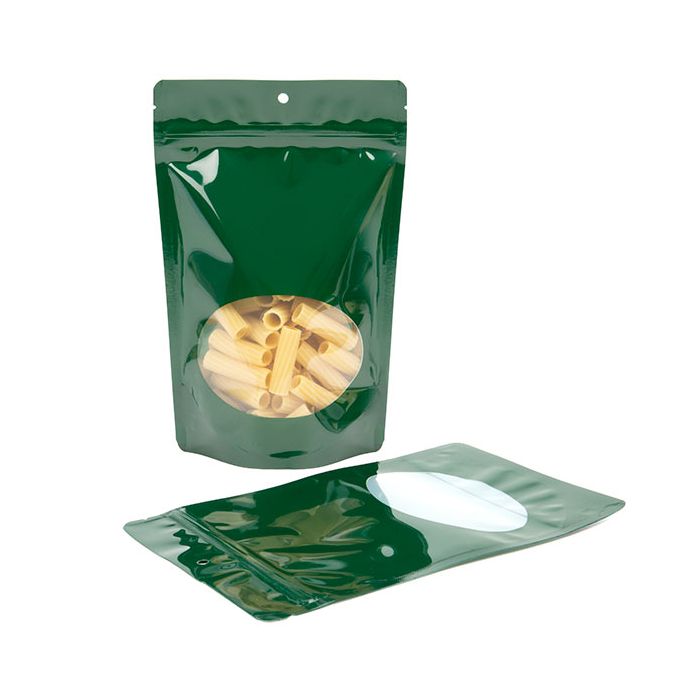 Buste doypack verdi con finestra ovale 14,9x8,9x23,2cm con foro (100 pezzi) [ZBGO7HGH]