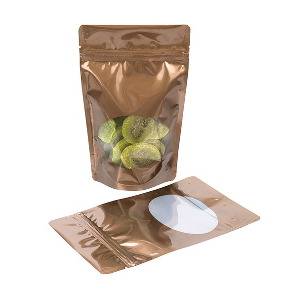 Buste doypack color bronzo con finestra ovale 13x7x20.5cm | 113 grammi (100 pezzi) [ZBGO3BZ]