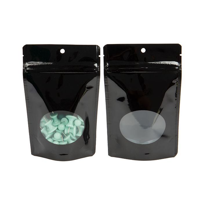 Buste doypack nere con finestra ovale 10,2x6x15,2cm con foro (100 pezzi) [ZBGO2BH]