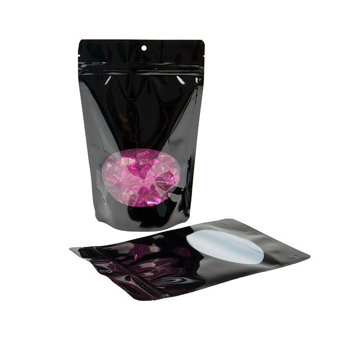 Buste doypack nere con finestra ovale 14,9x8,9x23,2cm con foro (100 pezzi) [ZBGO7BH]