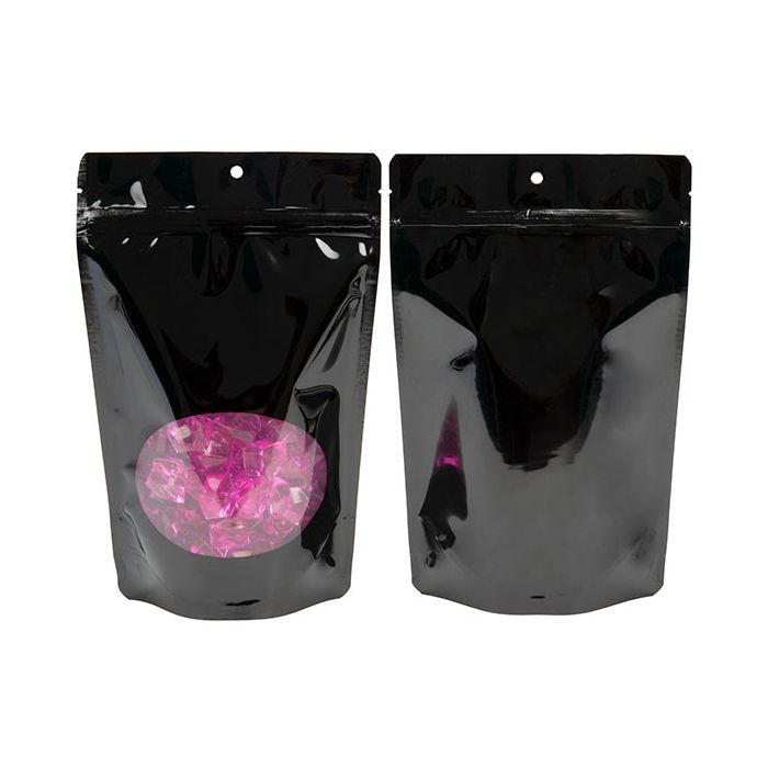 Buste doypack nere con finestra ovale 14,9x8,9x23,2cm con foro (100 pezzi) [ZBGO7BH]